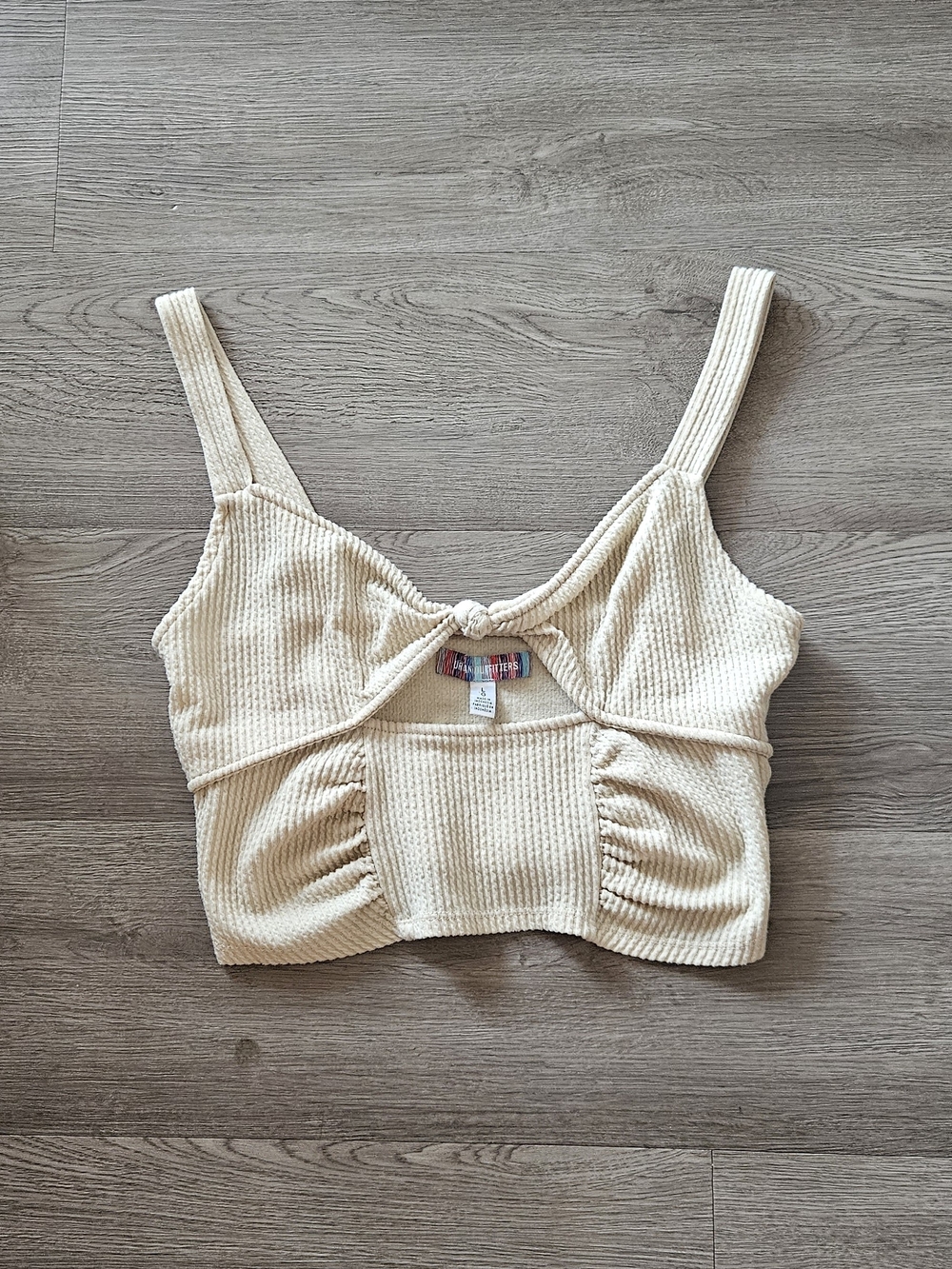 Cream Ribbed Knot Front Crop Top